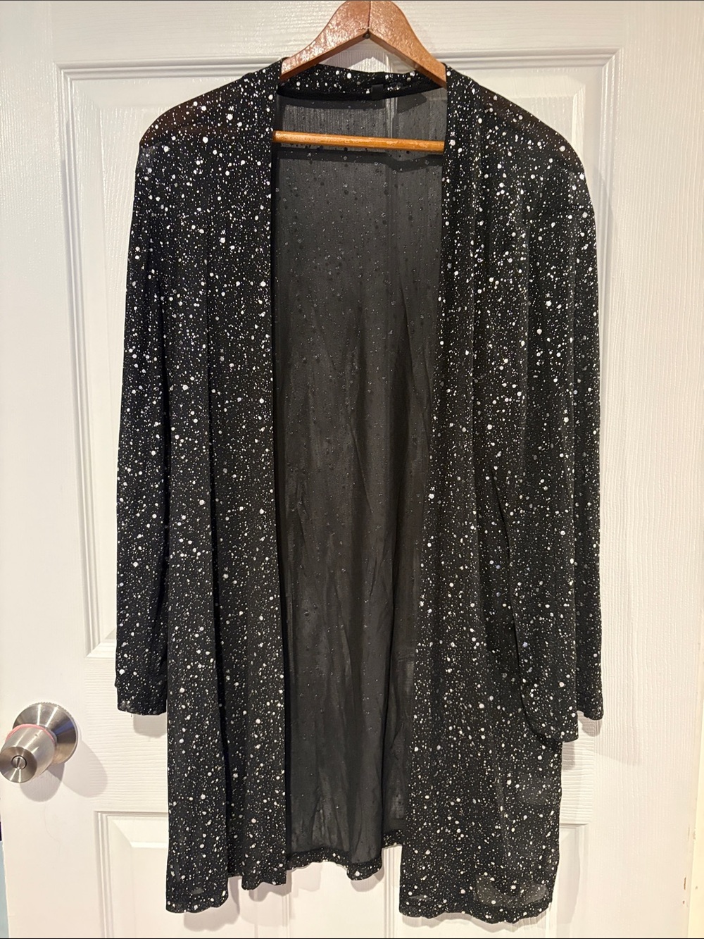 Open-Front Sheer Black Speckle Duster Cardigan